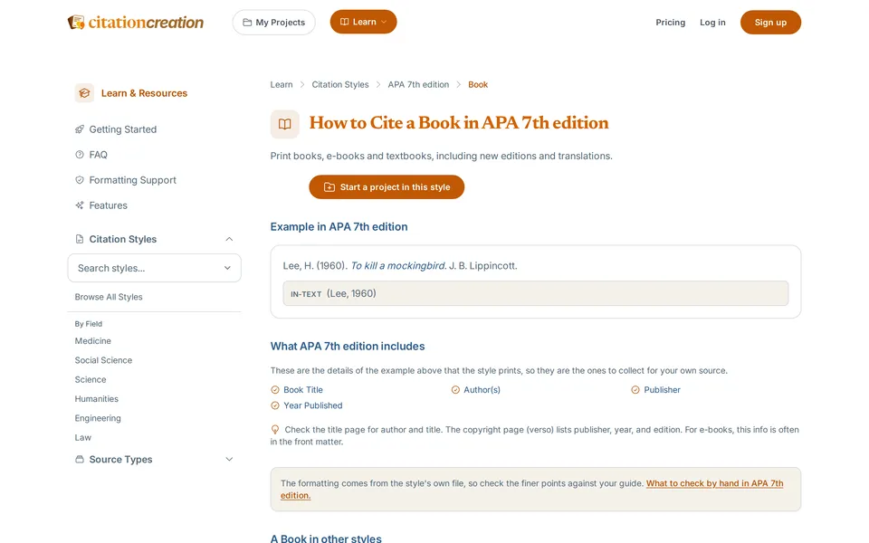 The guide 'How to Cite a Book in APA 7th edition', with a formatted example, its in-text form and the details to collect.