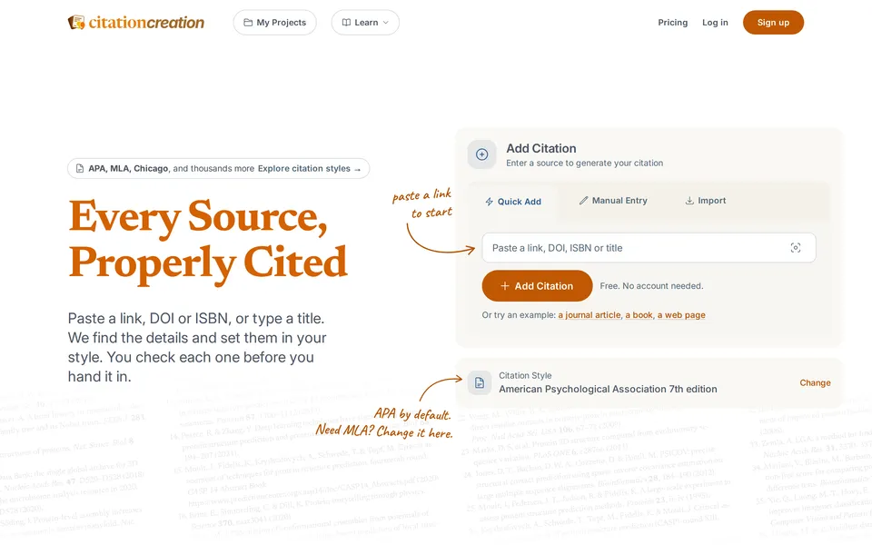 The Citation Creation homepage: the headline 'Every Source, Properly Cited' beside a box for pasting a link, DOI, ISBN or title.