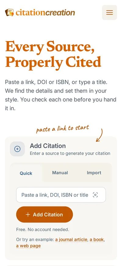 The Citation Creation homepage on a phone, with the headline above the Add Citation box.