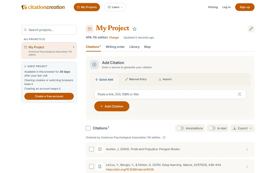 A project on desktop: the Add Citation box above a bibliography of three sources in APA 7th edition, with export, annotation and in-text controls.