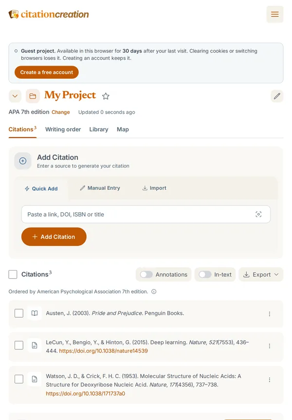 A project on a tablet, with three references formatted in APA 7th edition under tabs for citations, writing order, library and map.