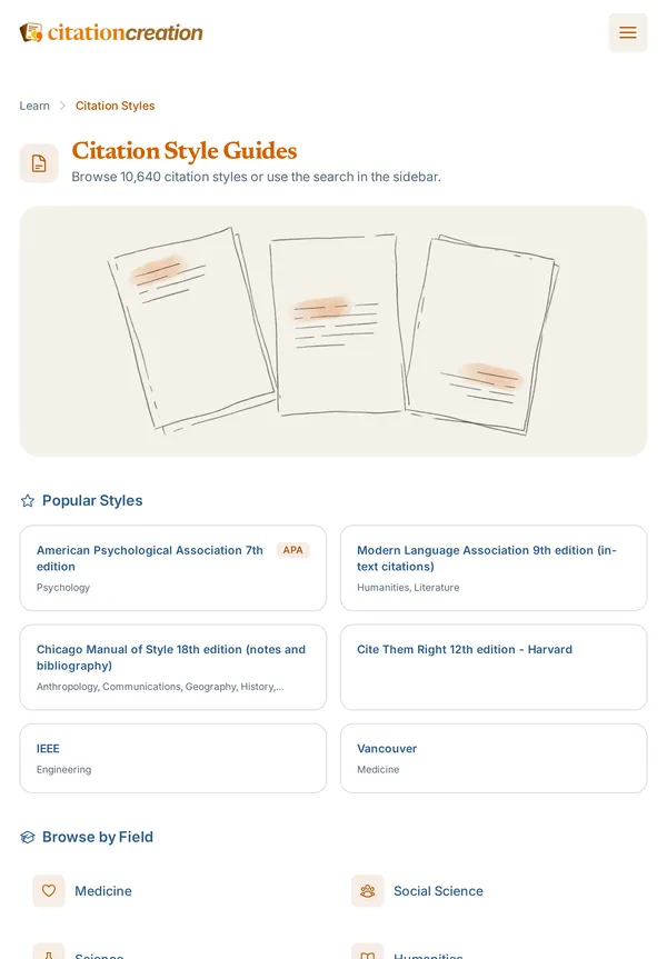 The style browser on a tablet, with popular styles such as APA, MLA, Chicago and Harvard, and styles grouped by field.