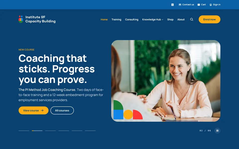 The Institute of Capacity Building homepage on desktop: a navy hero introducing a job coaching course, beside a photo framed by the brand's coloured shapes.
