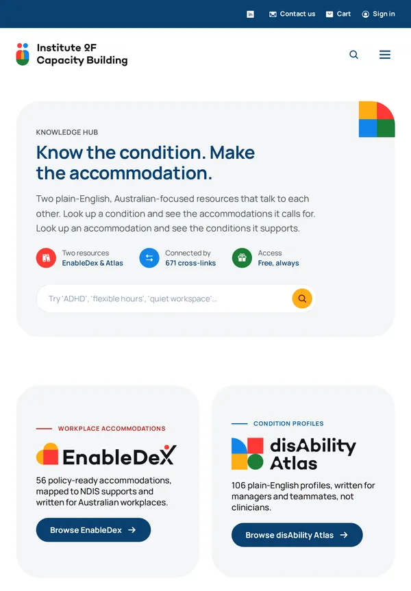 The Knowledge Hub on a tablet, with its search box and cards introducing EnableDex and the disAbility Atlas.
