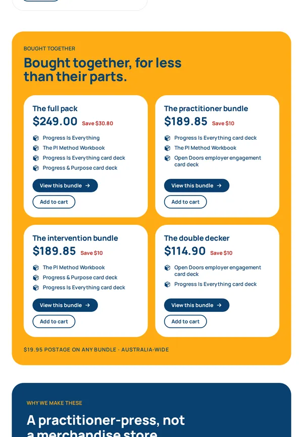 Bundles on a tablet: four sets of books and card decks, each with its price and how much it saves.