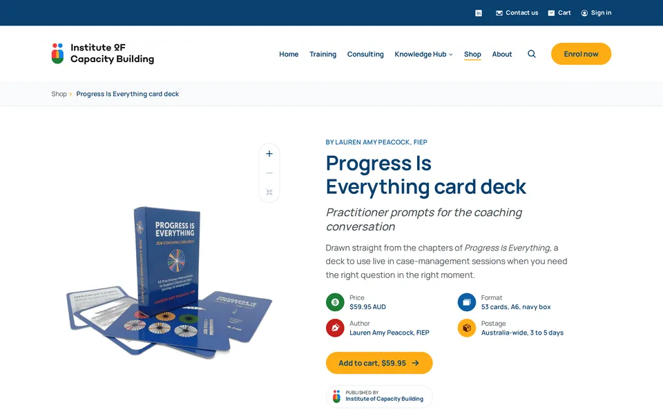 A product page on desktop: the Progress Is Everything card deck beside its price, format, author and postage, with an add to cart button.