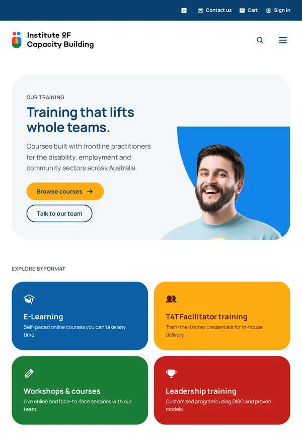 The training page on a tablet: the headline 'Training that lifts whole teams' beside a smiling participant on a sweep of bright blue.