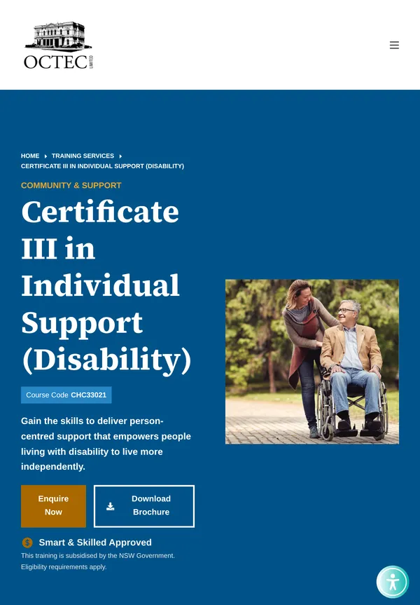 A course page on a tablet: Certificate III in Individual Support (Disability), with its course code, an enquiry button and a brochure download.