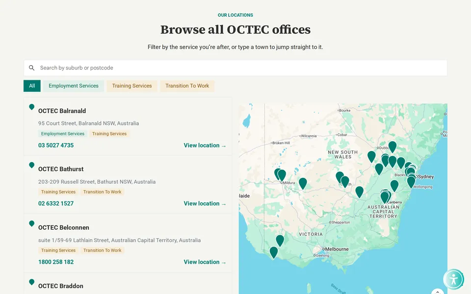 The office finder: a search box and service filters above a list of offices with phone numbers, beside a map of south-eastern Australia dotted with OCTEC pins.
