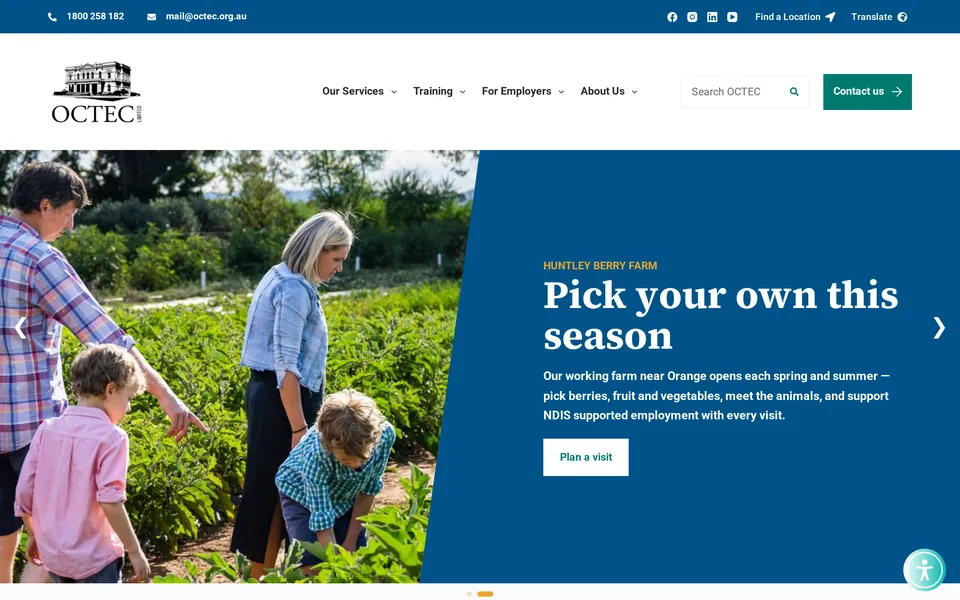 The OCTEC homepage on desktop: the headline 'Pick your own this season' for Huntley Berry Farm on a blue panel beside a family picking vegetables.
