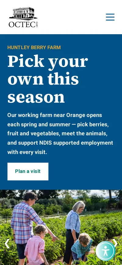 The OCTEC homepage on a phone, with the farm headline and a Plan a visit button stacked above the photo.